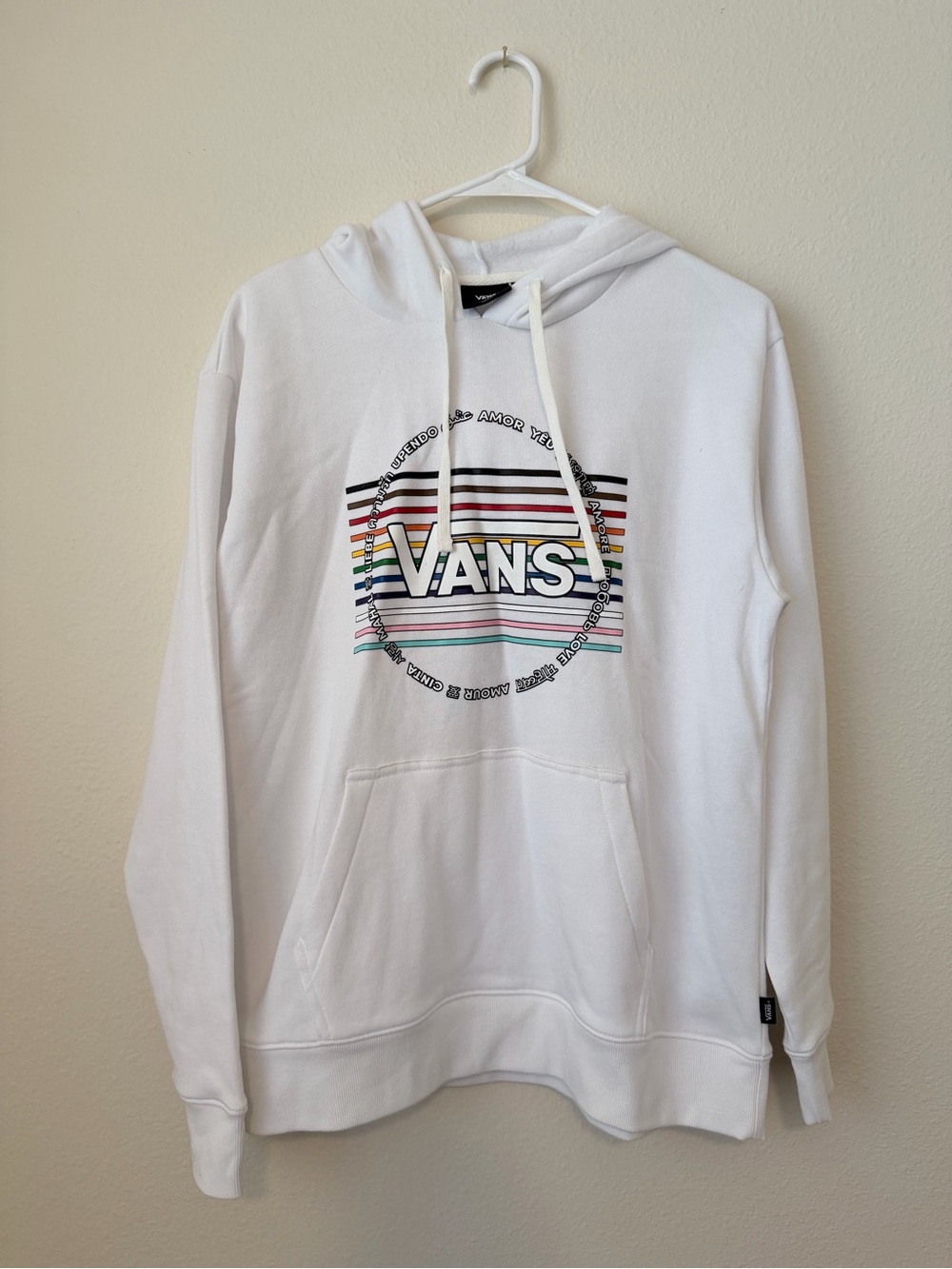 Vans White Hoodie with Multicolor Striped Circle Logo